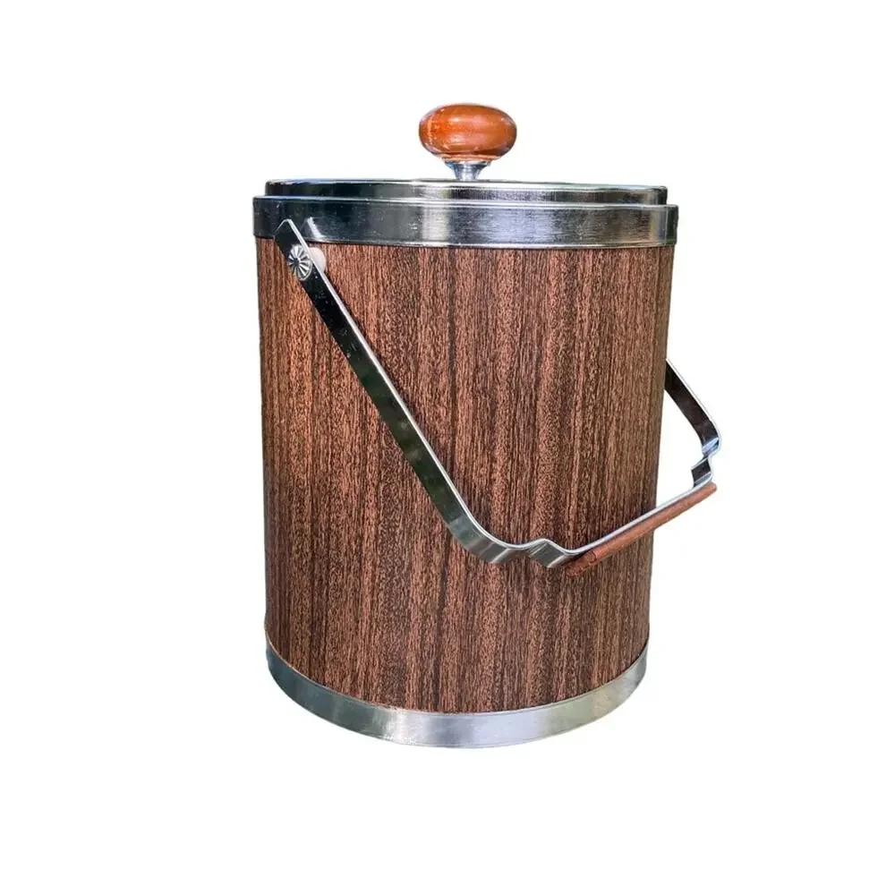 Vintage Retro Kromex Ice Bucket Faux Wood Grain & Chrome Mid Century Modern USA